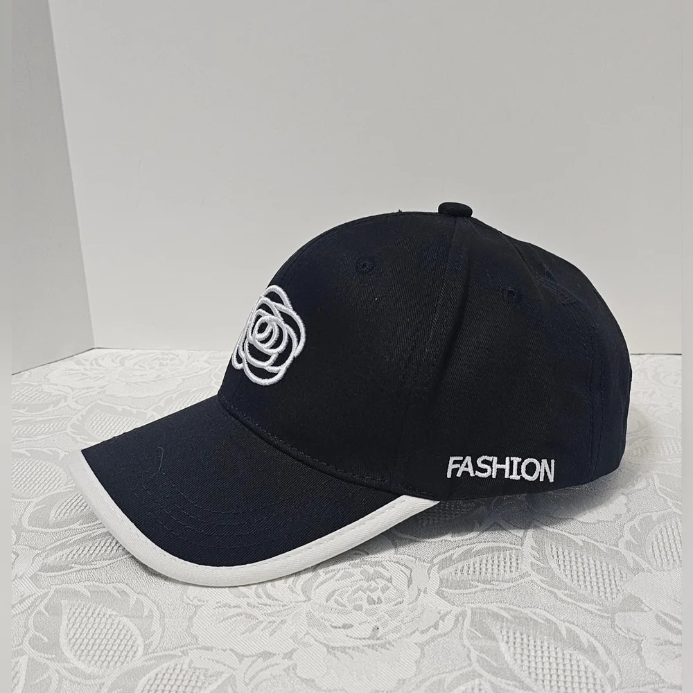 New Trendy Women's Black Adjustable Cap With Camellia Embroidery